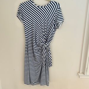 J McLaughlin navy and white striped jersey dress.